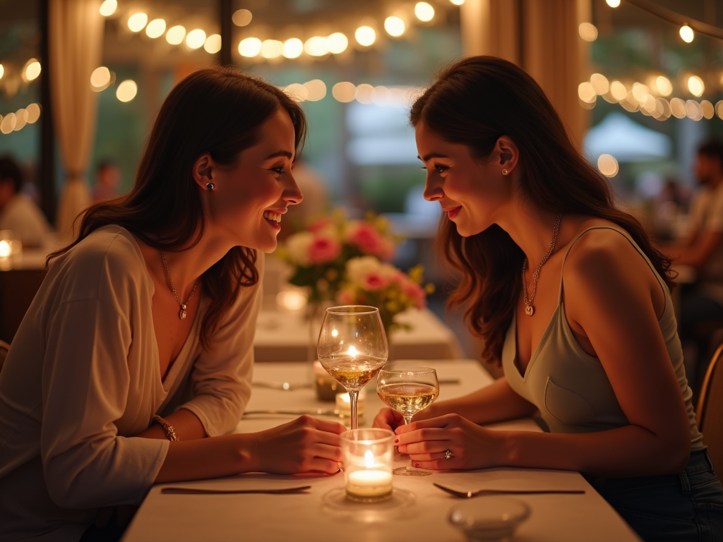 Dwie uśmiechnięte kobiety rozmawiają przy kolacji przy świecach w eleganckiej restauracji.