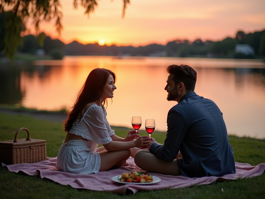 Para na pikniku przy zachodzie słońca nad rzeką, toastując czerwonym winem.