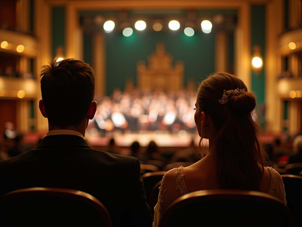 Para obserwuje orkiestrę na scenie teatralnej z widowni.