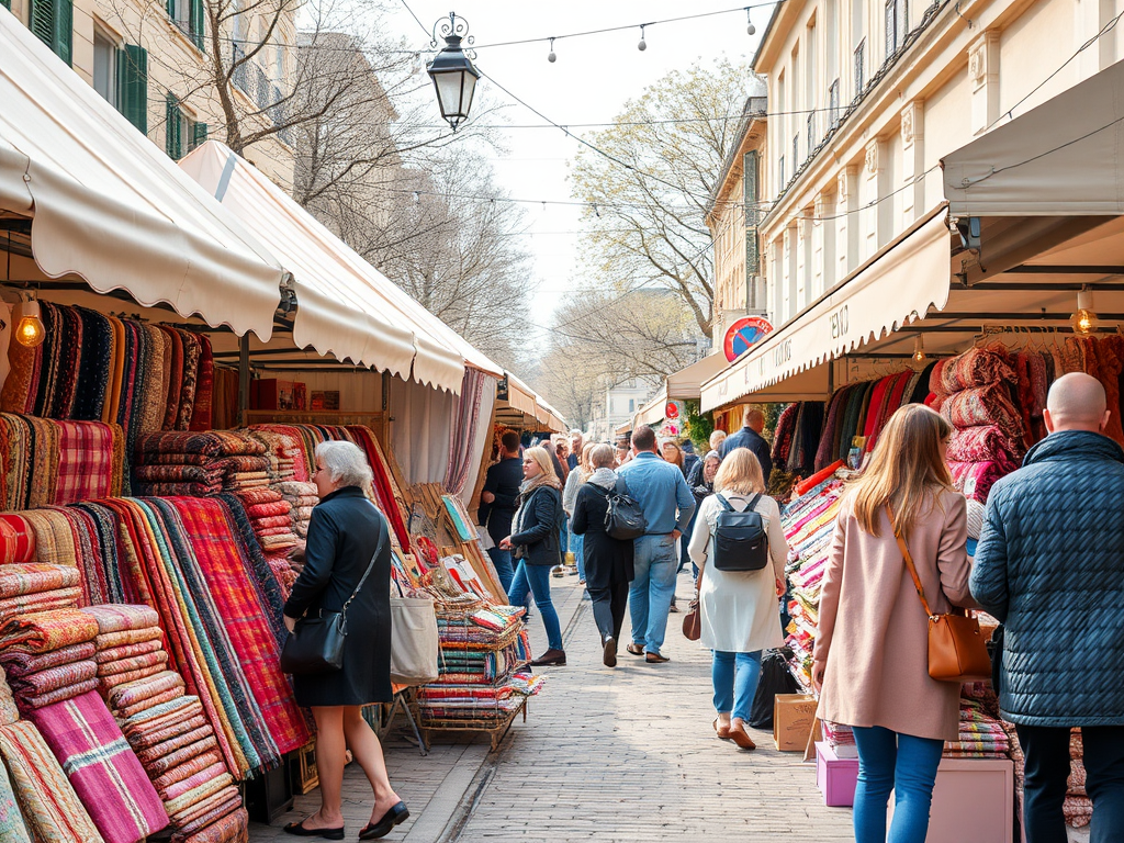 Kolorowy rynek z wystawionymi pledami i ludźmi spacerującymi wśród straganów. Słoneczny dzień w mieście.